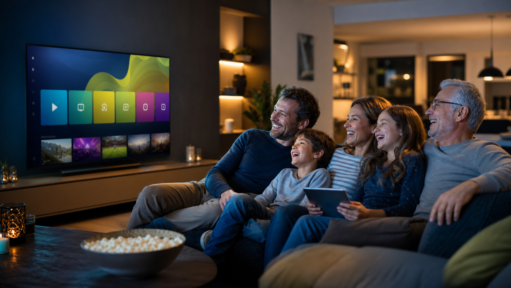 Happy family laughing while enjoying IPTV together