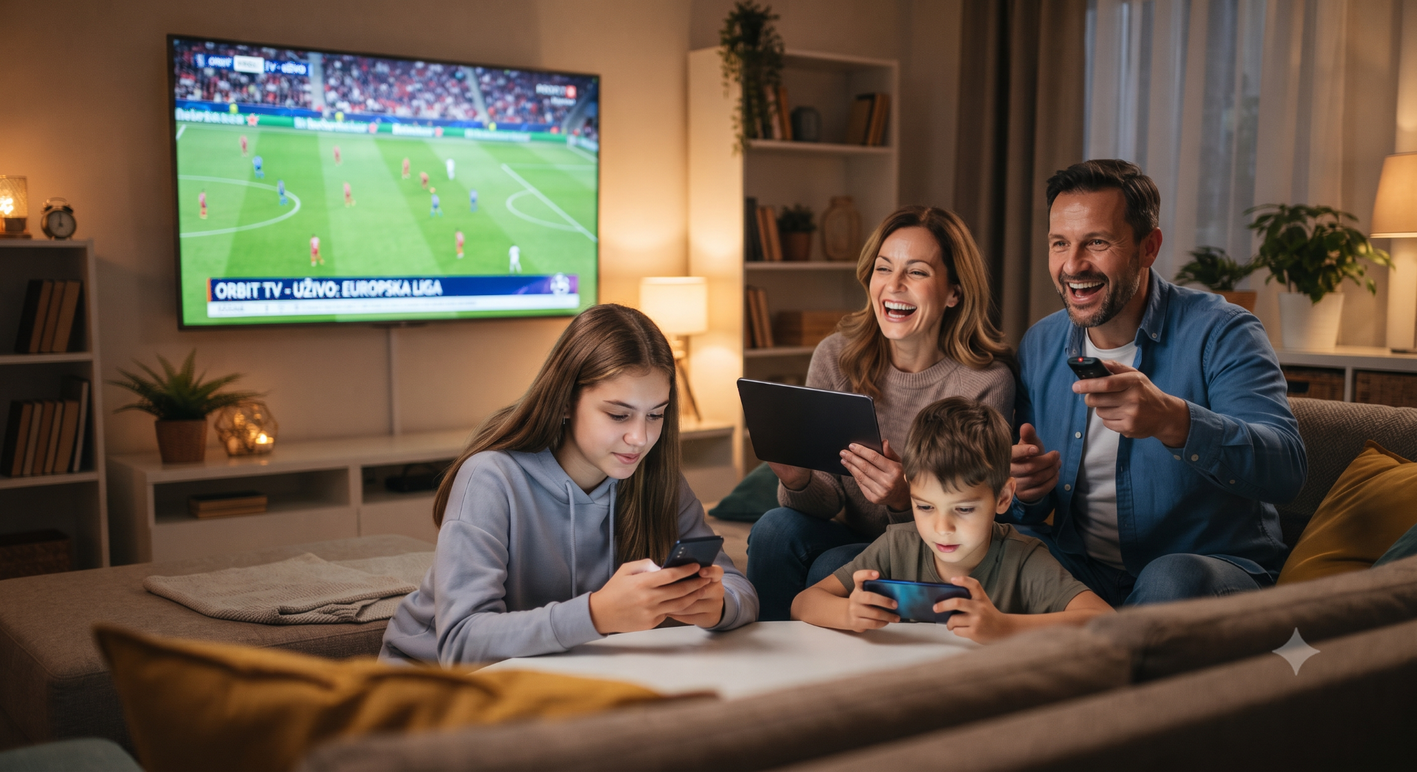 Family watching ORBIT TV on TV, phone and tablet